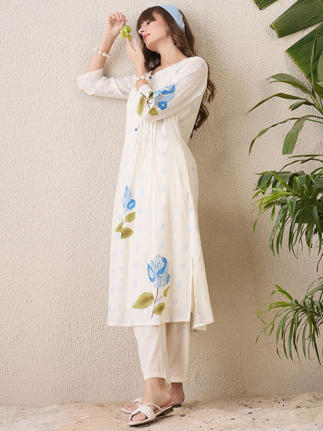 Floral Printed Notch Neck Pure Cotton A-Line Kurta With Trousers