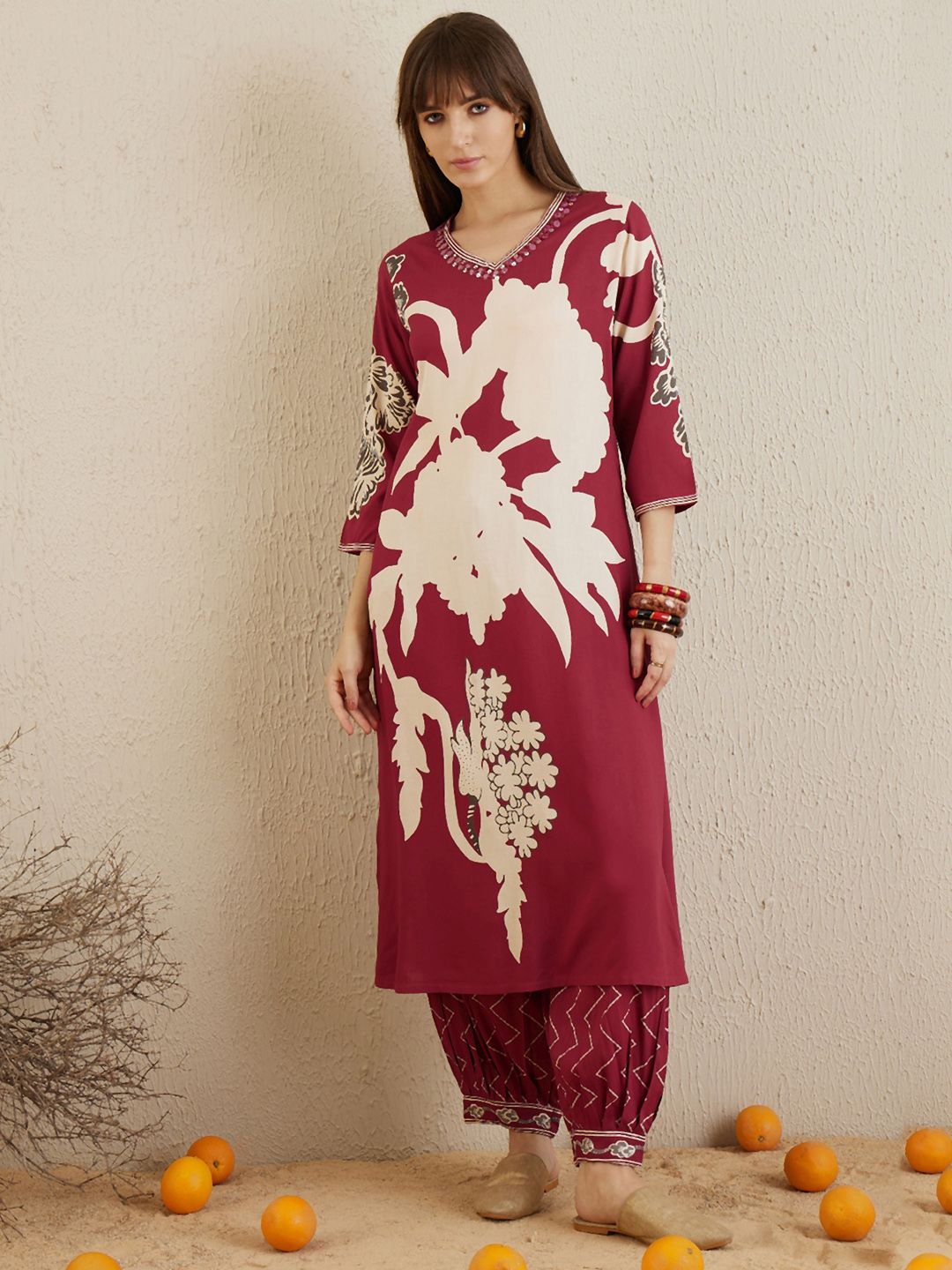 Floral Printed Regular Sequinned Kurta with Salwar