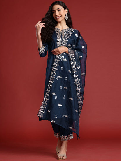 Dhiyona IE Ethnic Motifs Embroidered Gotta Patti Kurta With Trousers & Dupatta