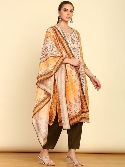 Dhiyona SO Women's Women Floral Printed Sequinned V-Neck Straight Kurta With Trousers & Dupatta