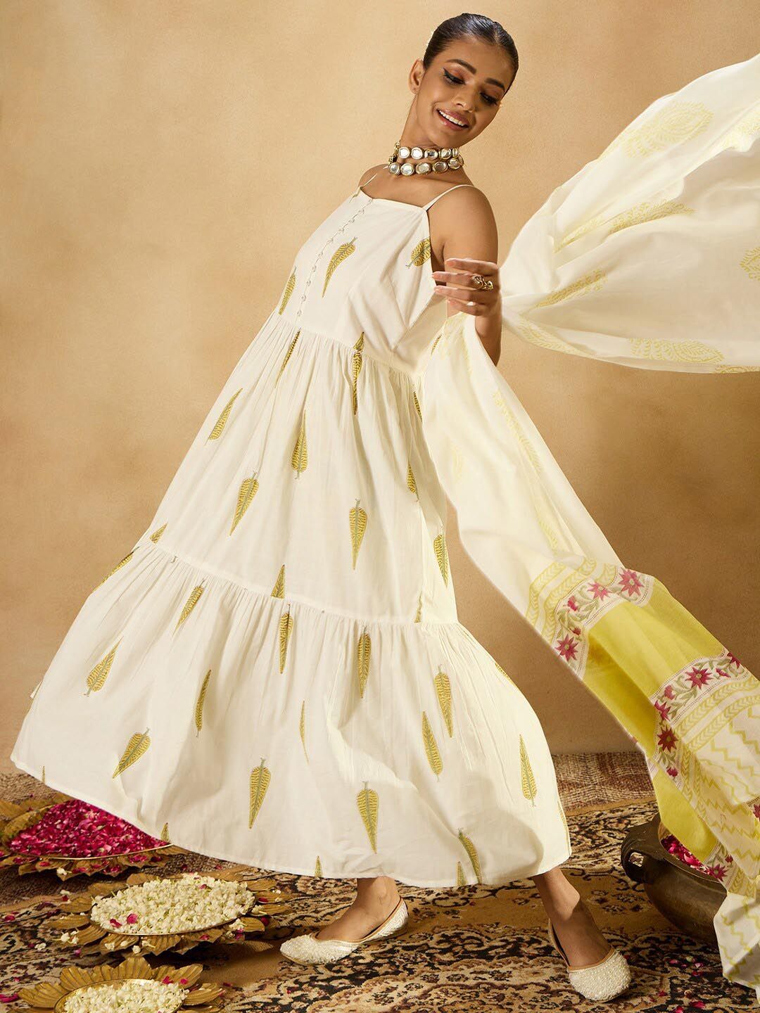 Dhiyona IE Ethnic Motifs Printed Tiered Pure Cotton A-Line Kurta With Trousers & Dupatta