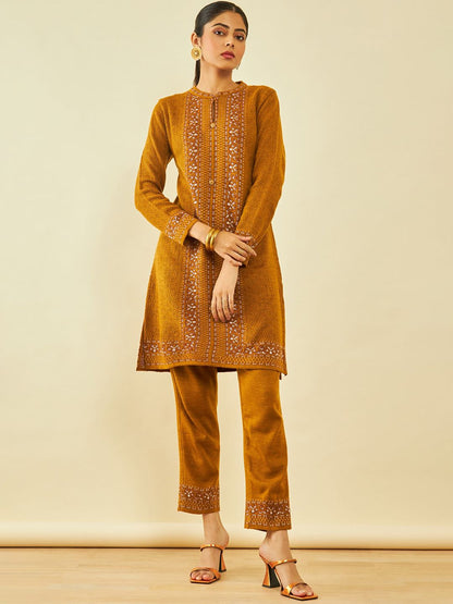 Dhiyona SO Women's Mustard Yellow Self Design Regular Straight Kurta with Trousers