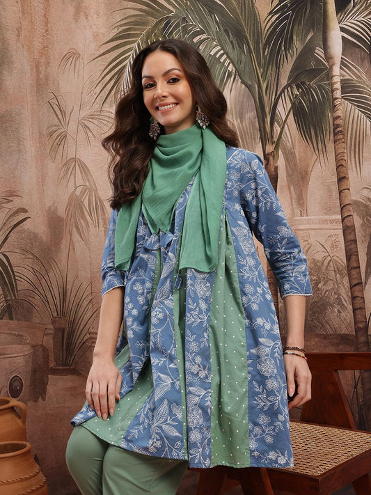 Dhiyona SN Women's Ethnic Motifs Printed Pleated Mirror Work Kurta Set