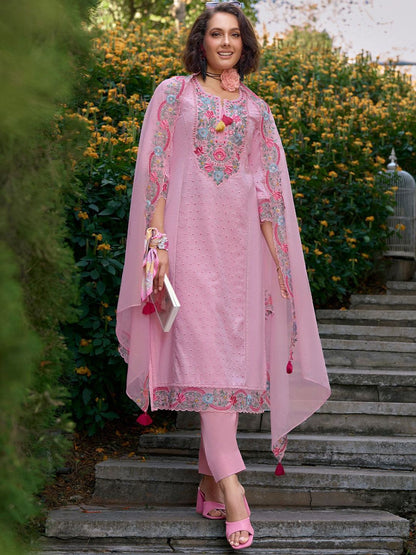 Women Floral Embroidered Regular Pure Cotton Kurta with Trousers & Dupatta
