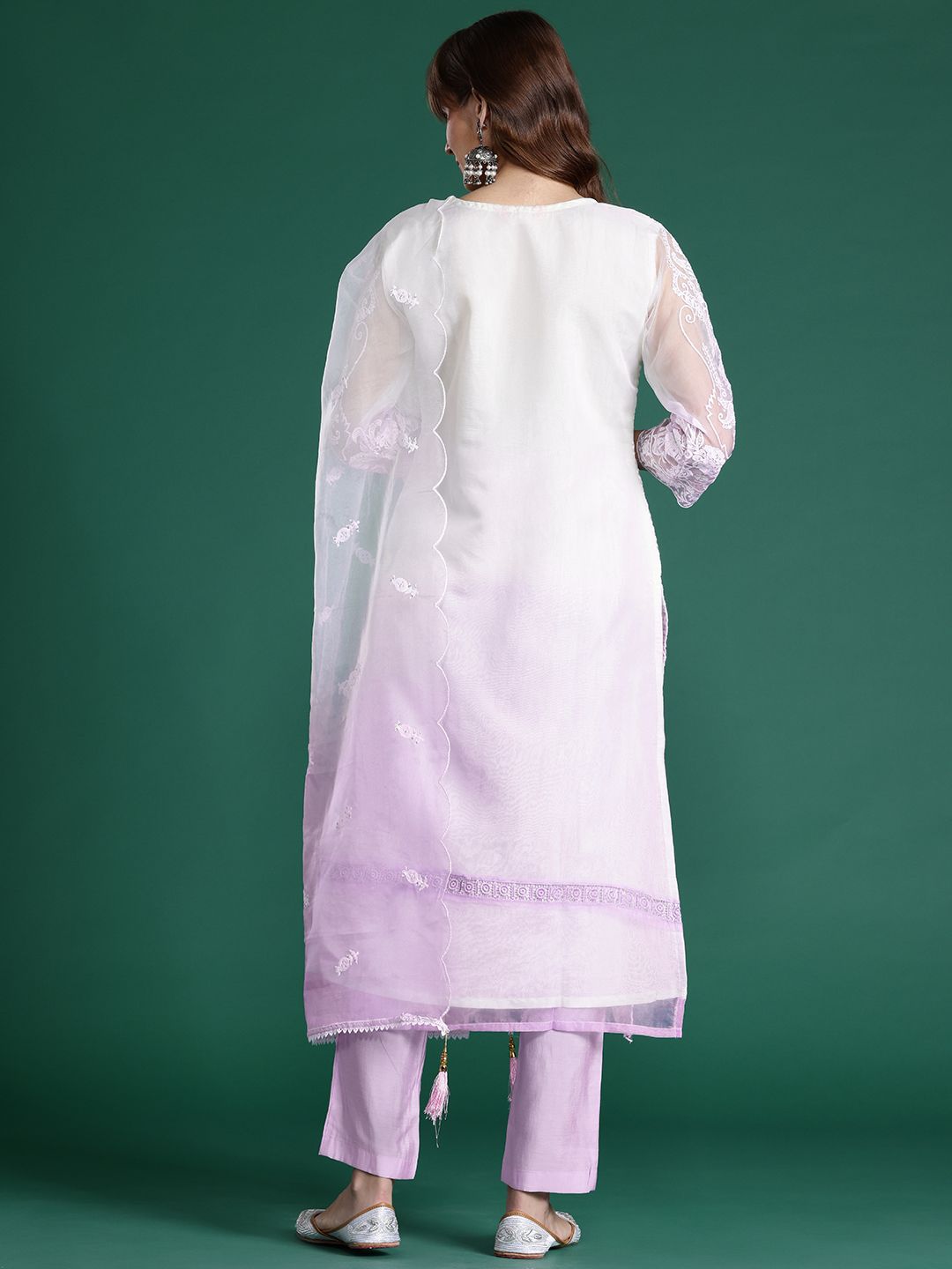 Floral Embroidered Sequinned Kurta with Trousers & Dupatta