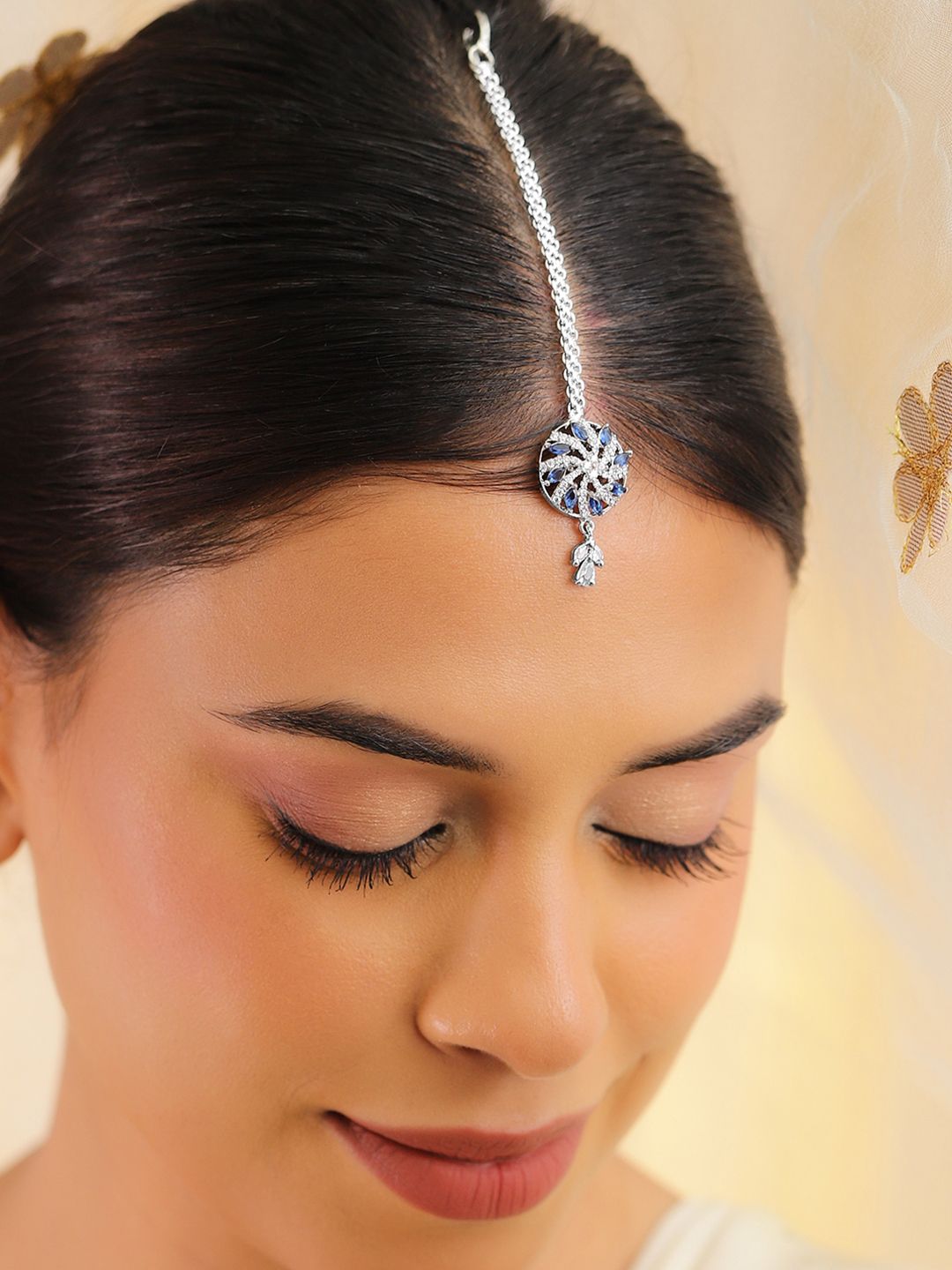 Dhiyona RJ Women's Rhodium-Plated Blue & White Cubic Zirconia Studded Maang Tikka