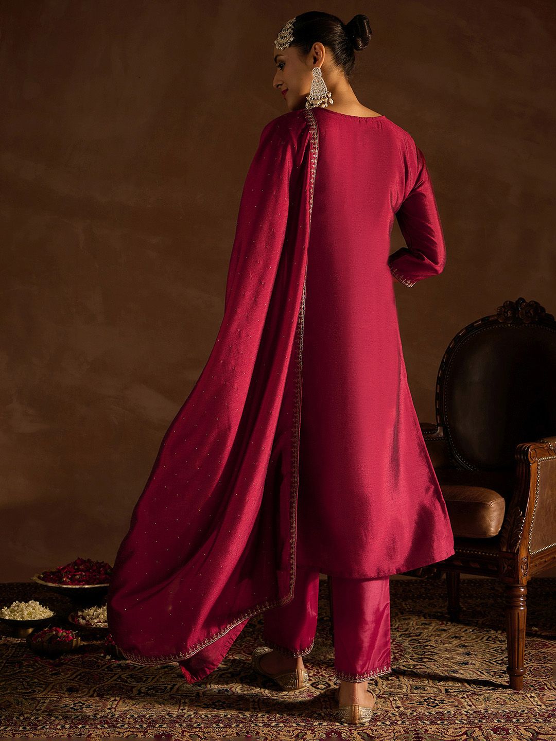 Maroon Ethnic Motifs Embroidered Regular Sequinned Kurta with Trousers & Dupatta