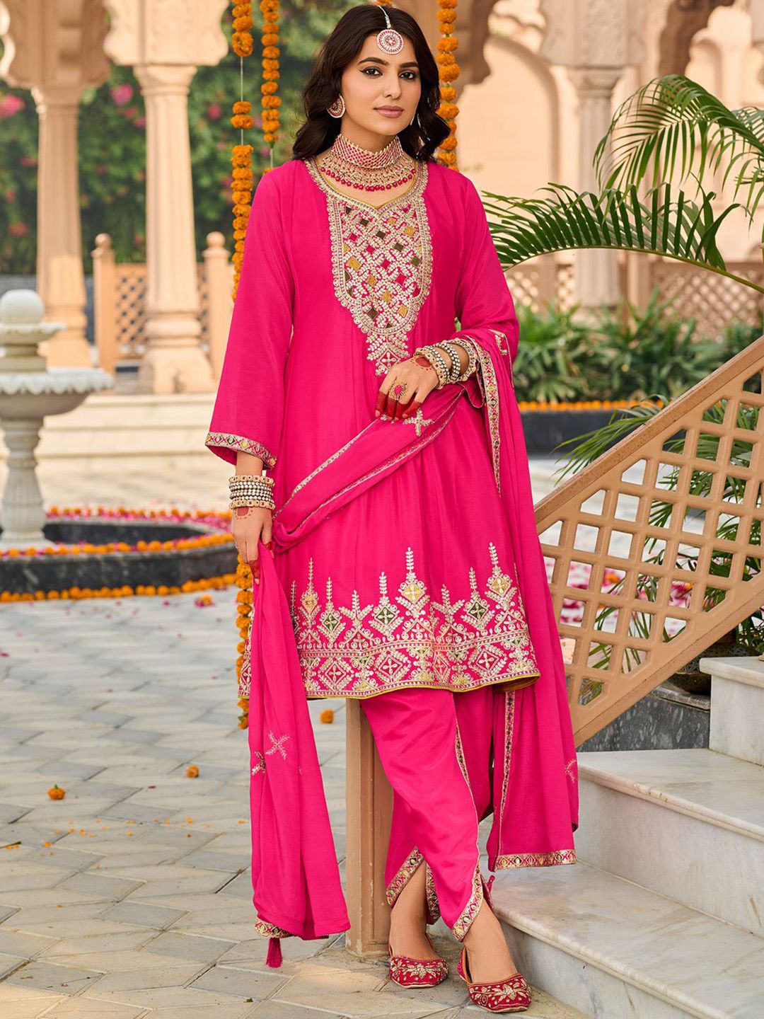 Floral Embroidered Mirror Work Sequinned Anarkali Kurta With Dhoti & Dupatta