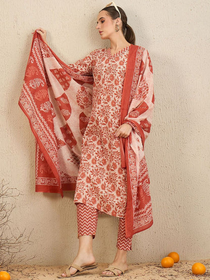 Dhiyona IE Floral Printed Gotta Patti Pure Cotton Straight Kurta With Trousers & Dupatta