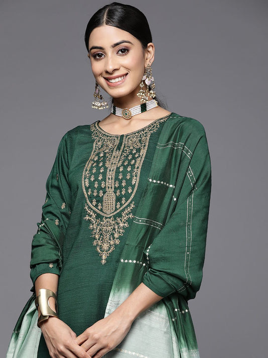 Dhiyona VA Women's Green Ethnic Motifs Embroidered Kurta with Trousers & Dupatta