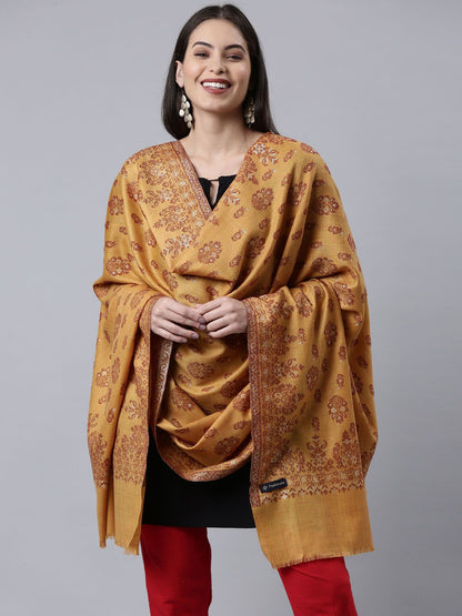 Dhiyona PA Women Yellow Woven Design Kaani Wool Shawl
