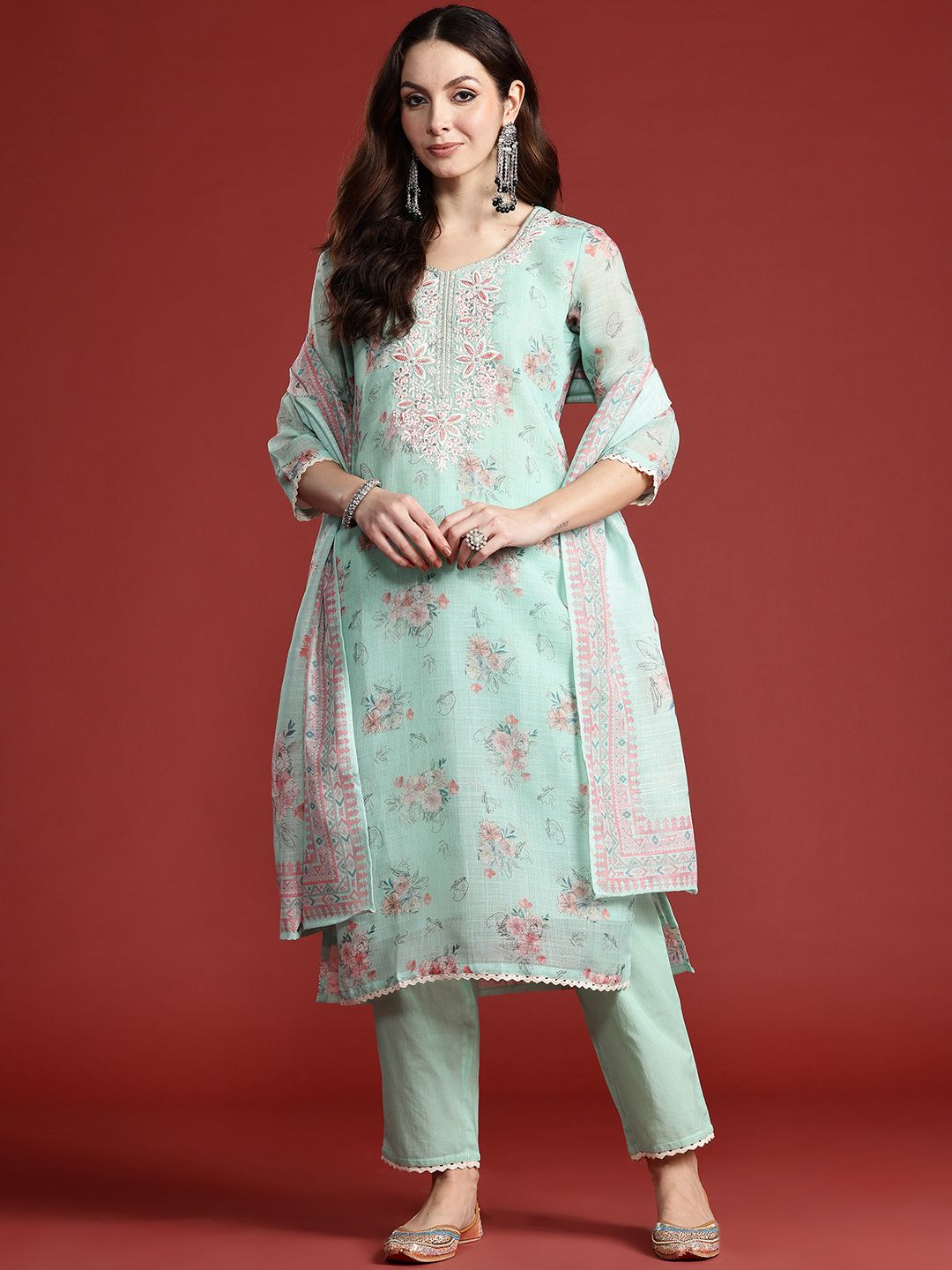 Dhiyona IE Floral Printed Thread Work Linen Kurta with Trousers & With Dupatta