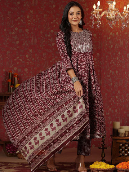 Dhiyona IS Women's Floral Printed Sequinned Pure Cotton Anarkali Kurta With Trousers & Dupatta