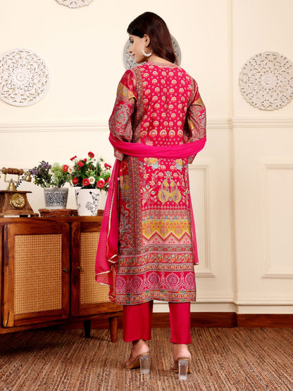 Dhiyona VA Women'sEthnic Motifs Printed Gotta Patti Chanderi Silk Kurta With Trousers And Dupatta