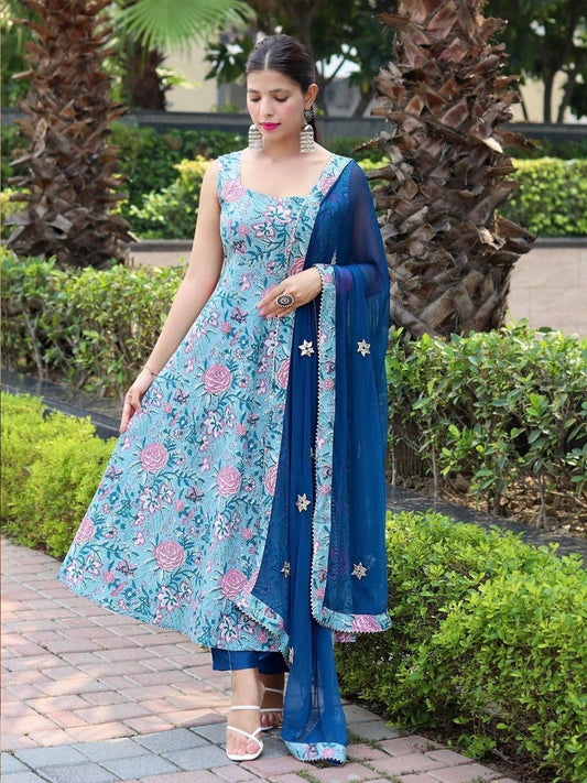 Dhiyona KL Floral Printed Sequinned Sleeveless Anarkali Kurta With Trouser & Dupatta