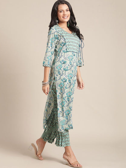 Dhiyona VA Women's Turquoise Blue Floral Printed Regular Pure Cotton Kurta with Palazzos