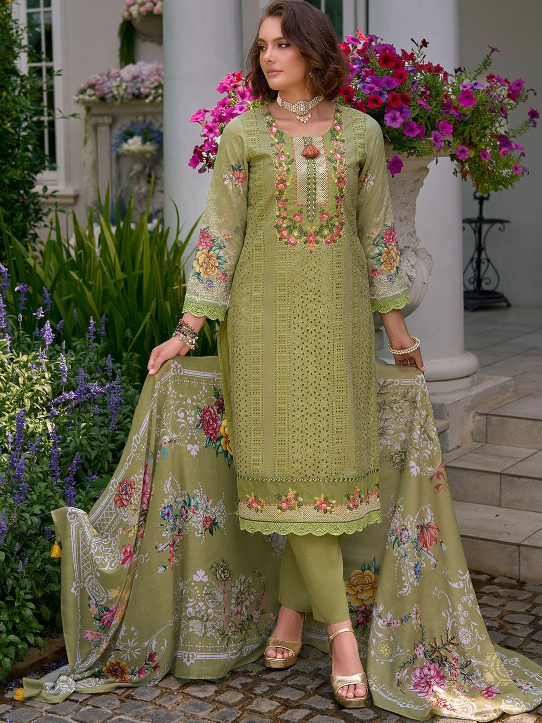Floral Embroidered Mirror Work Pure Cotton Kurta With Trousers & Dupatta
