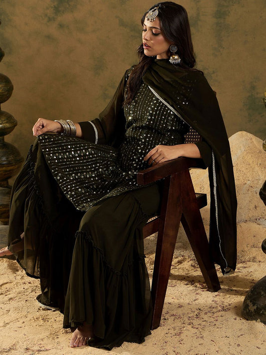 Dhiyona IE Women Ethnic Motifs Embroidered Regular Sequinned Kurta with Sharara & With Dupatta