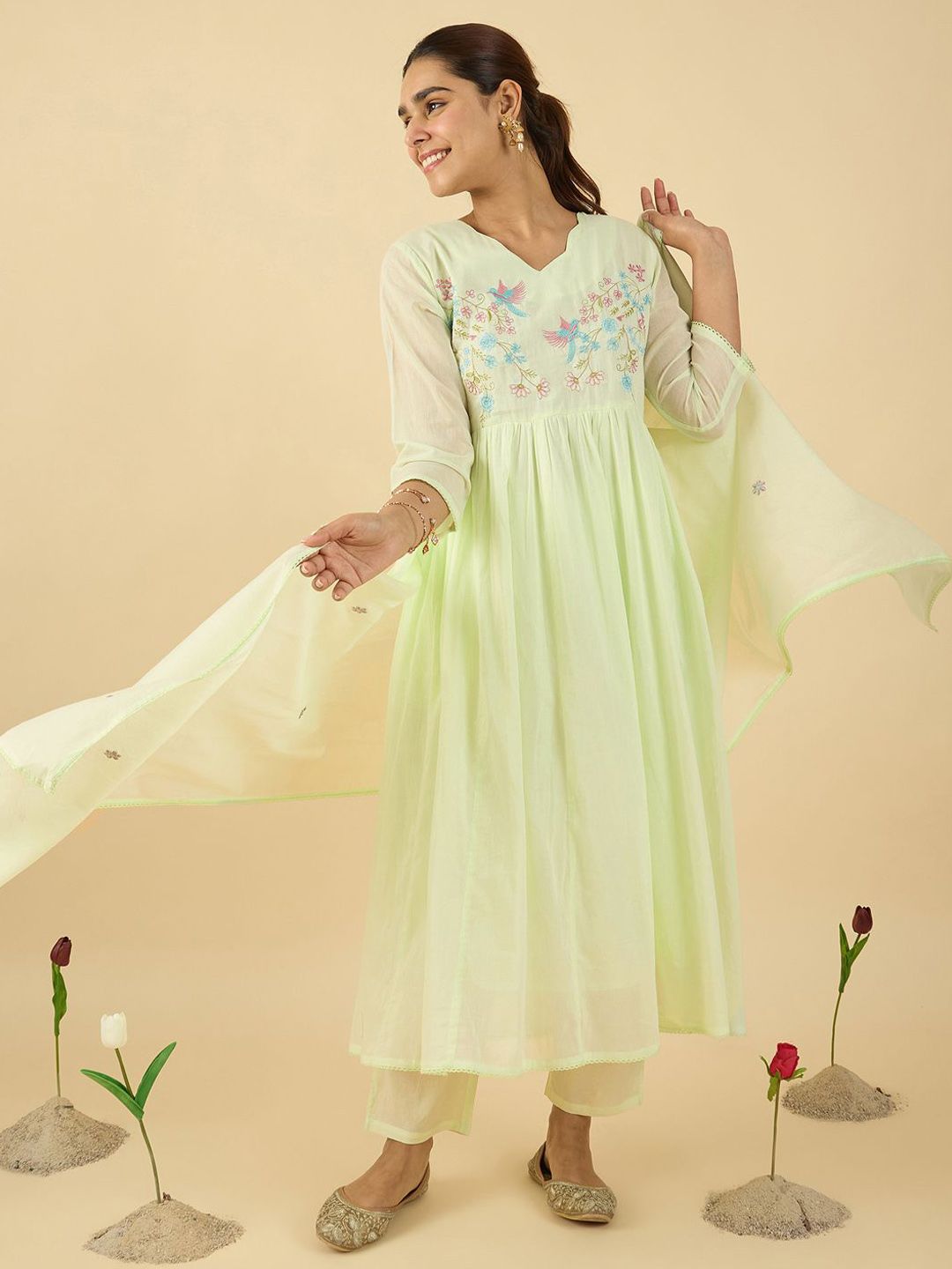 Dhiyona IE Floral Embroidered V Neck A Line Pure Cotton Kurta With Trousers & Dupatta