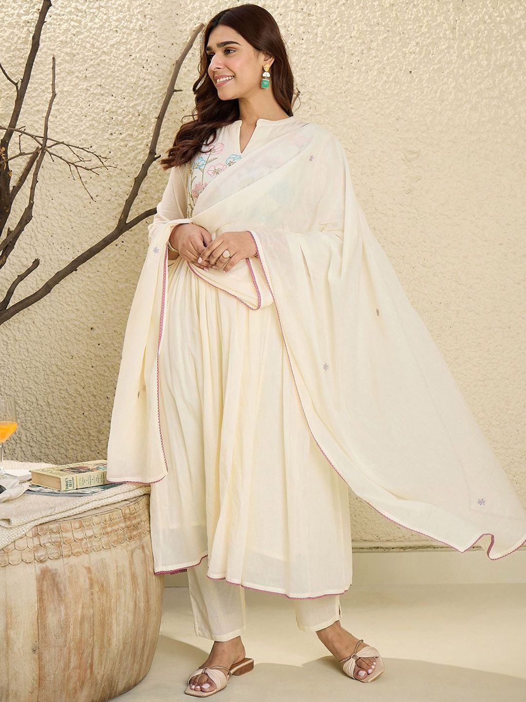 Dhiyona IE Embroidered Mandarin Collar Pure Cotton A-Line Kurta With Trouser & Dupatta