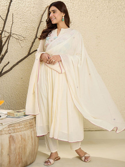 Dhiyona IE Embroidered Mandarin Collar Pure Cotton A-Line Kurta With Trouser & Dupatta
