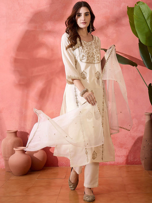 Dhiyona SN Women's Floral Embroidered Round Neck Straight Kurta With Trousers & Dupatta