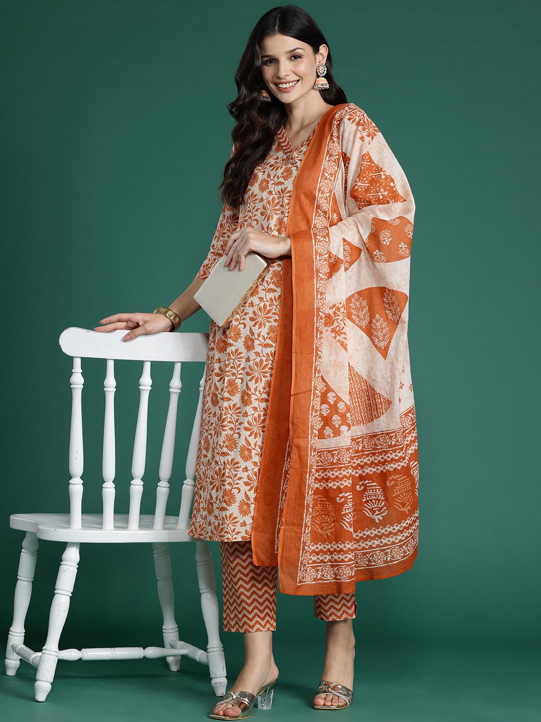 Dhiyona IE Floral Printed Gotta Patti Pure Cotton Kurta With Trousers & Dupatta