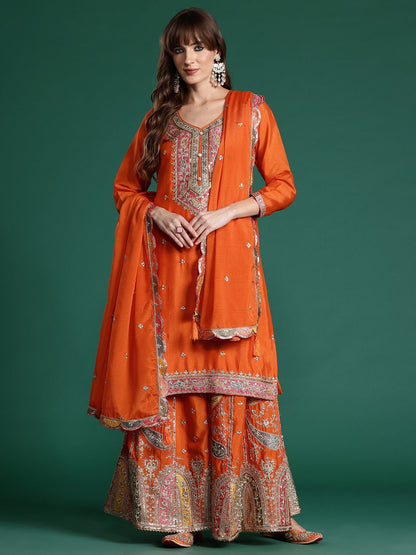 Paisley Embroidered Sequinned Kurta with Palazzos & With Dupatta