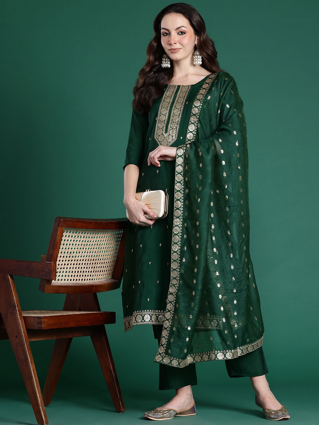 Dhiyona IE Ethnic Motifs Embroidered Regular Kurta with Trousers & Dupatta