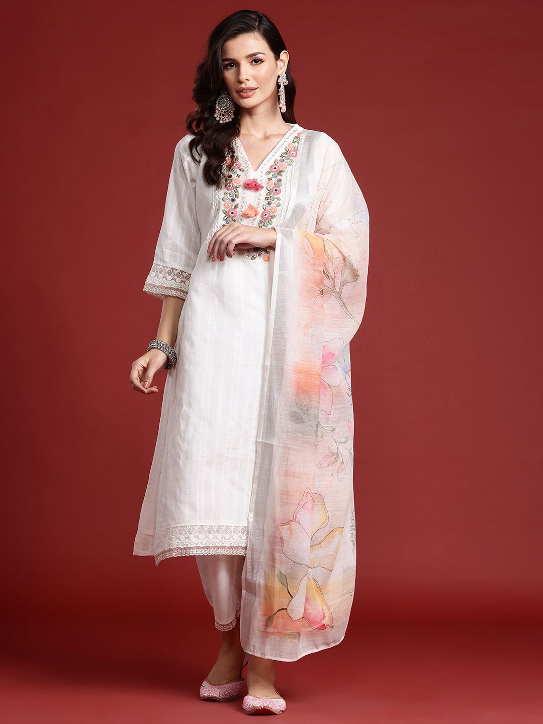 Floral Embroidered & Embellished Pure Cotton Kurta with Trousers & Dupatta