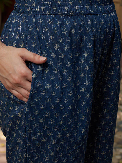 Dhiyona SN Women's Blue Printed Gotta Patti Pure Cotton Empire A-Line Kurta with Trousers & Dupatta