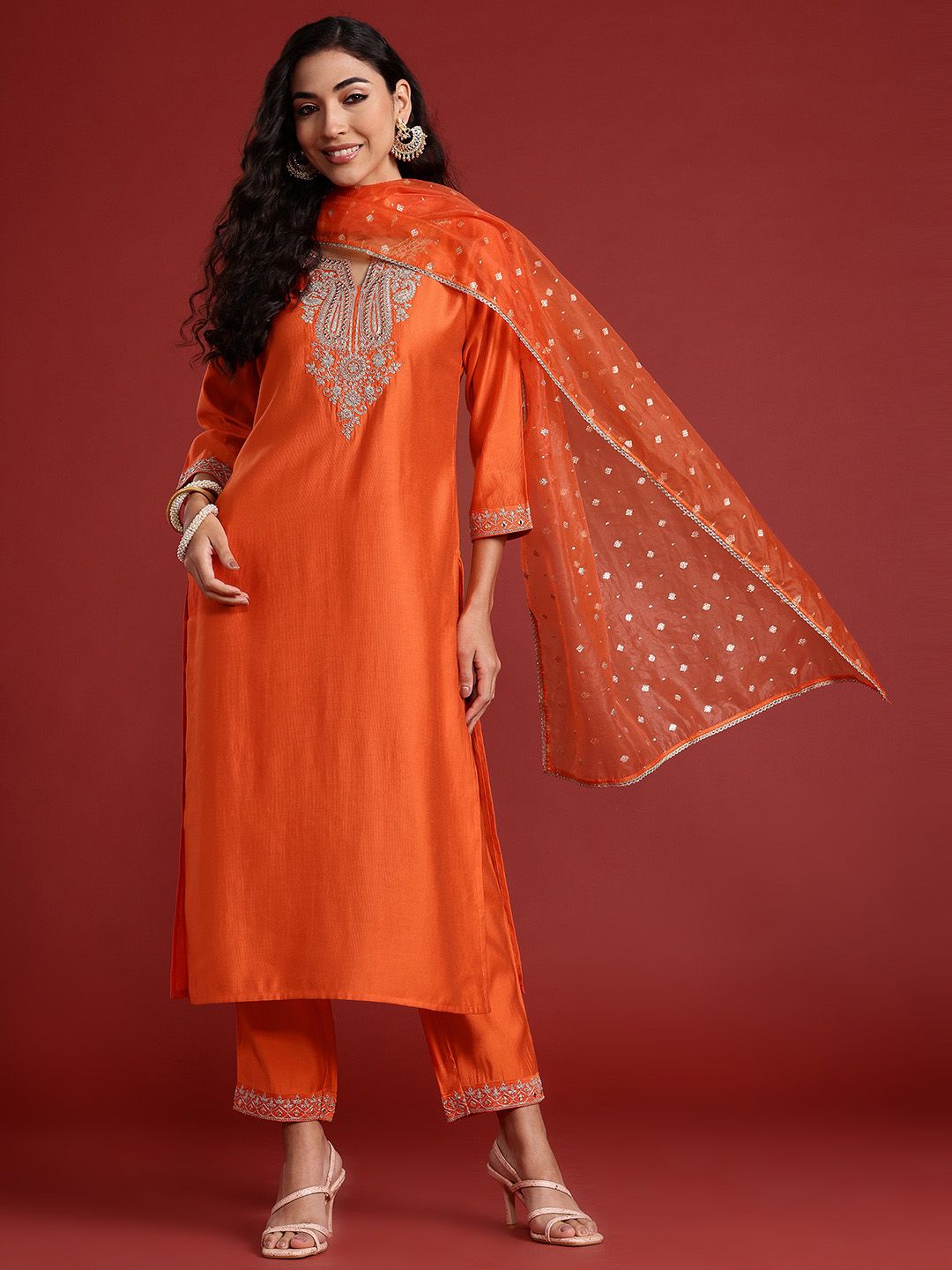 Paisley Yoke Design Zari Liva Kurta With Trousers & Dupatta