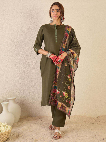 Dhiyona IE Women Ethnic Motifs Embroidered Regular Kurta & Trouser & Dupatta