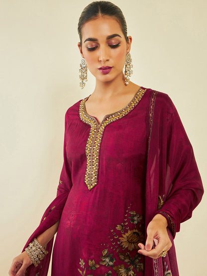 Dhiyona SO Women's Maroon Floral Printed Beads and Stones Kurta With Trousers & Dupatta