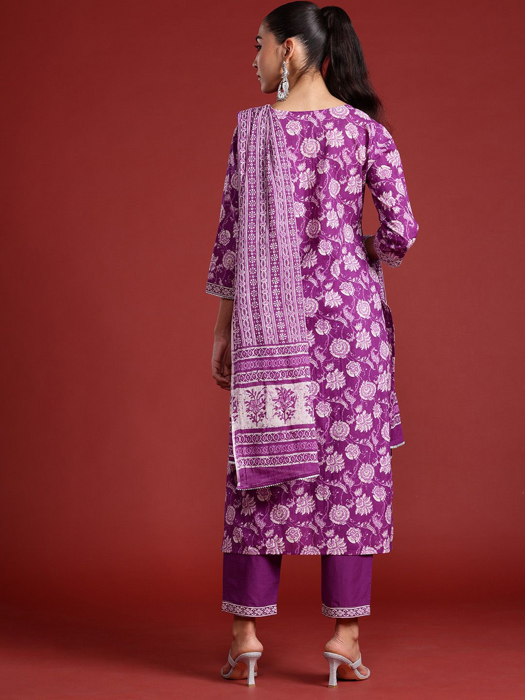 Floral Printed Mirror Work Pure Cotton Kurta With Trousers & Dupatta