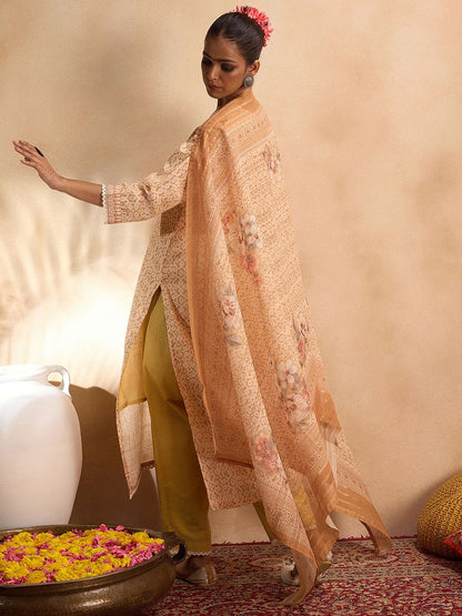 Dhiyona IE Printed Round Neck Thread Work Linen Straight Kurta With Trousers & With Dupatta