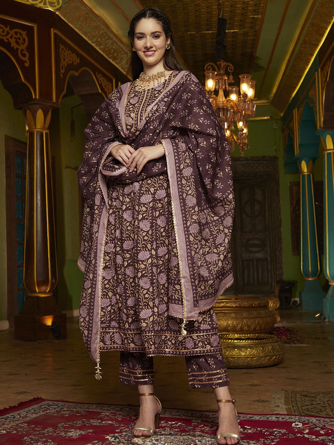 Dhiyona SN Women's Purple Floral Printed Pure Cotton Anarkali Kurta & Trouser With Dupatta