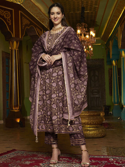 Dhiyona SN Women's Purple Floral Printed Pure Cotton Anarkali Kurta & Trouser With Dupatta