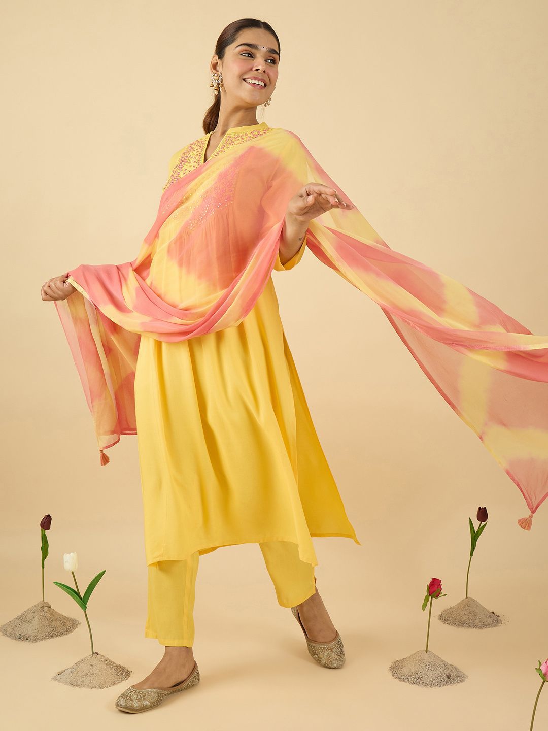 Women Embroidered Mirror Work Pure Cotton Kurta with Trousers & With Dupatta