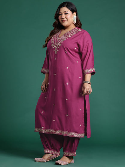 Plus Size Floral Zari Embroidered Kurta with Salwar & With Dupatta