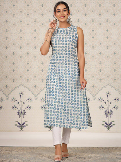 Dhiyona OD  Floral Printed Sleeveless A-Line Cotton Kurta