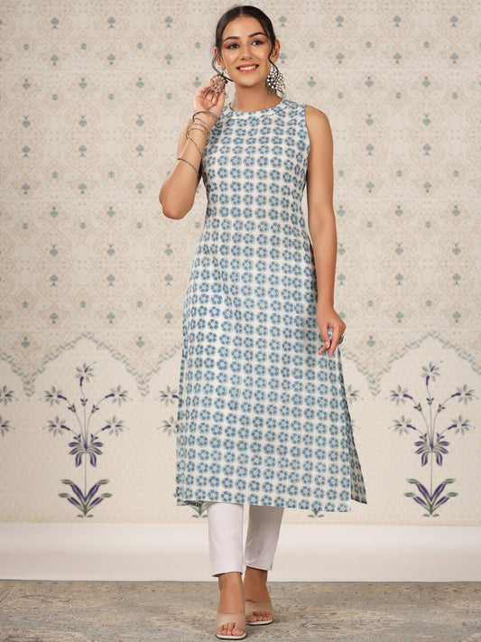 Dhiyona OD  Floral Printed Sleeveless A-Line Cotton Kurta