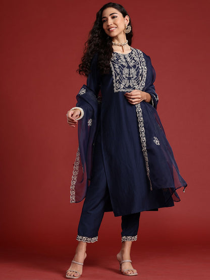 Dhiyona IE Yoke Design Thread Work Kurta With Trousers & Dupatta