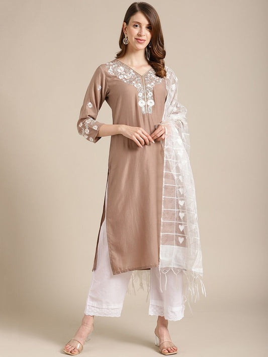 Dhiyona VA Women's Beige Floral Embroidered Kurta with Trousers & With Dupatta