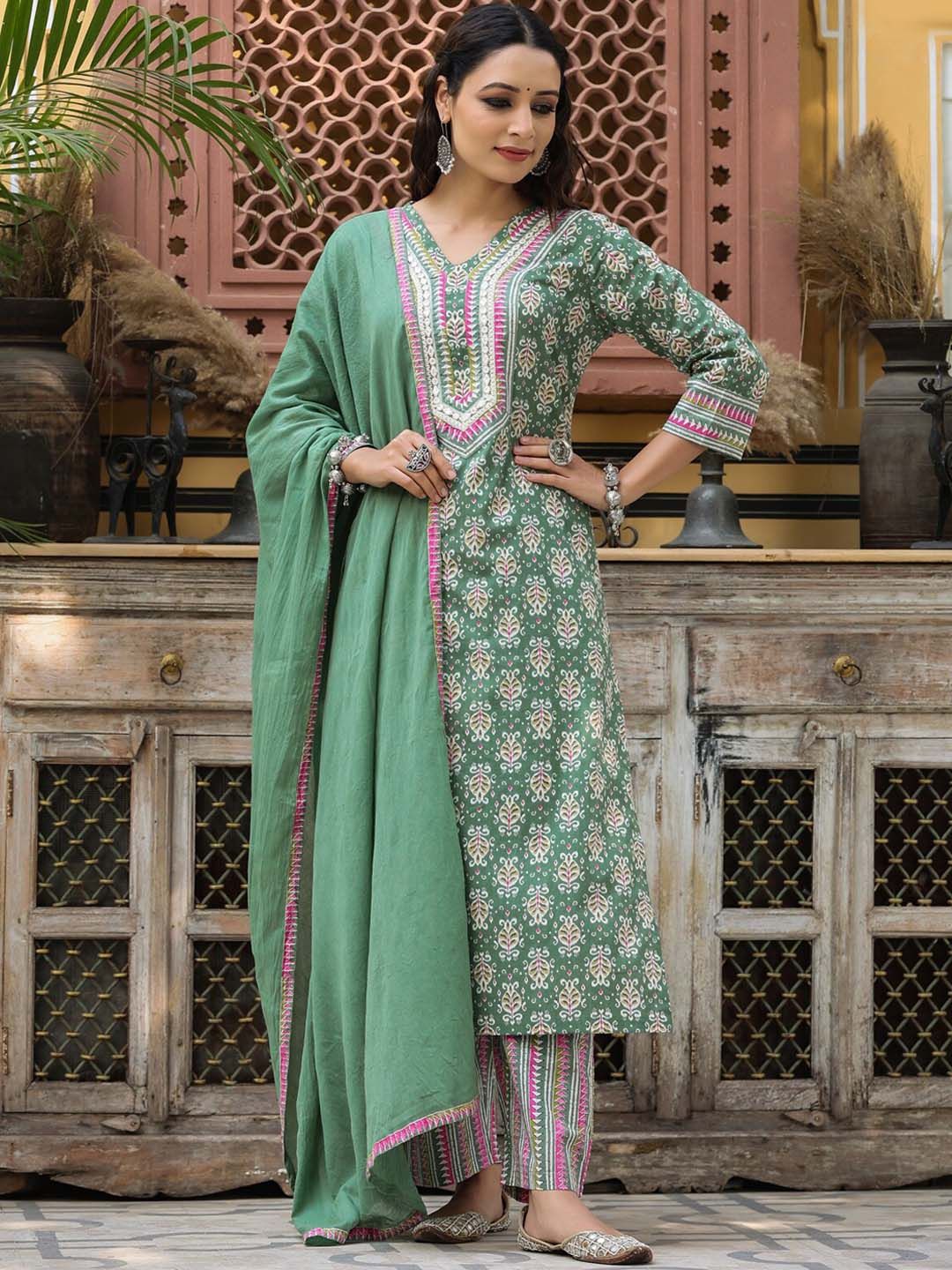 Dhiyona RR Women's Ethnic Motifs Printed Pure Cotton Kurta With Trousers & Dupatta