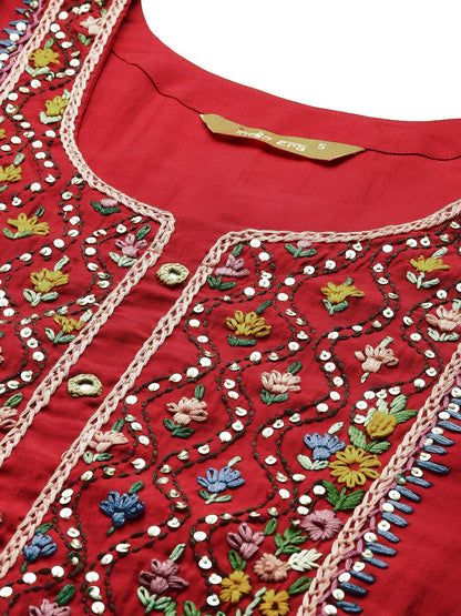 Women Floral Embroidered Thread Work Kurta with Trousers & With Dupatta