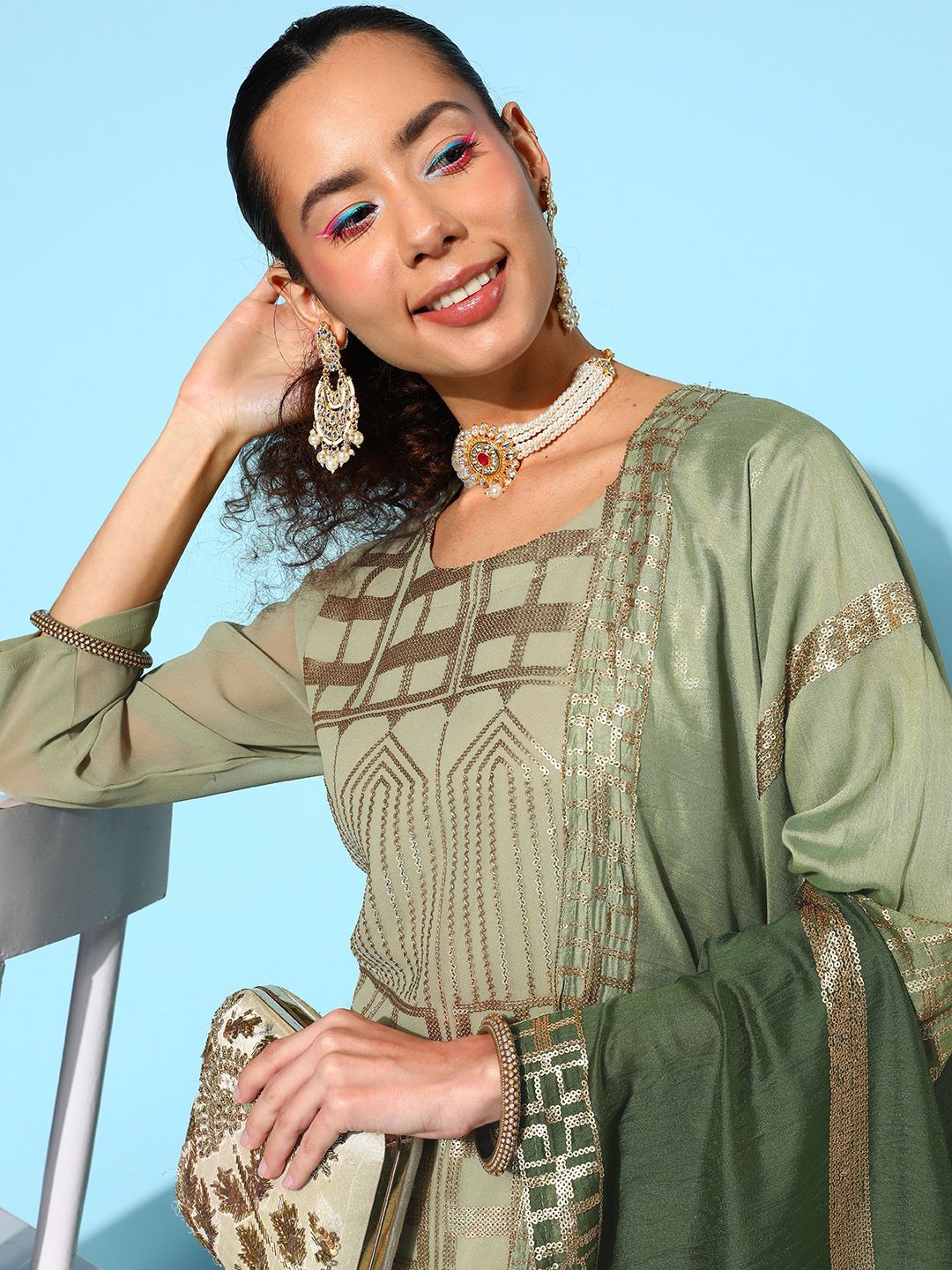 Dhiyona VA Women's Green Embroidered Sequinned Kurta With Sharara & Dupatta