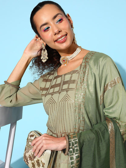 Dhiyona VA Women's Green Embroidered Sequinned Kurta With Sharara & Dupatta