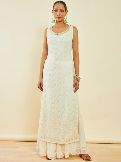 Dhiyona SO Women's Ethnic Motifs Embroidered High Slit Thread Work Kurta With Sharara & Dupatta