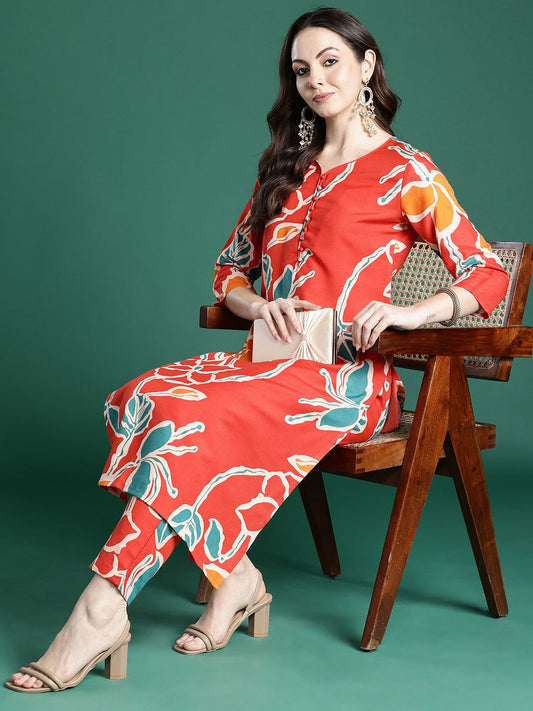 Dhiyona IE Floral Printed Regular Pure Cotton Kurta with Trousers